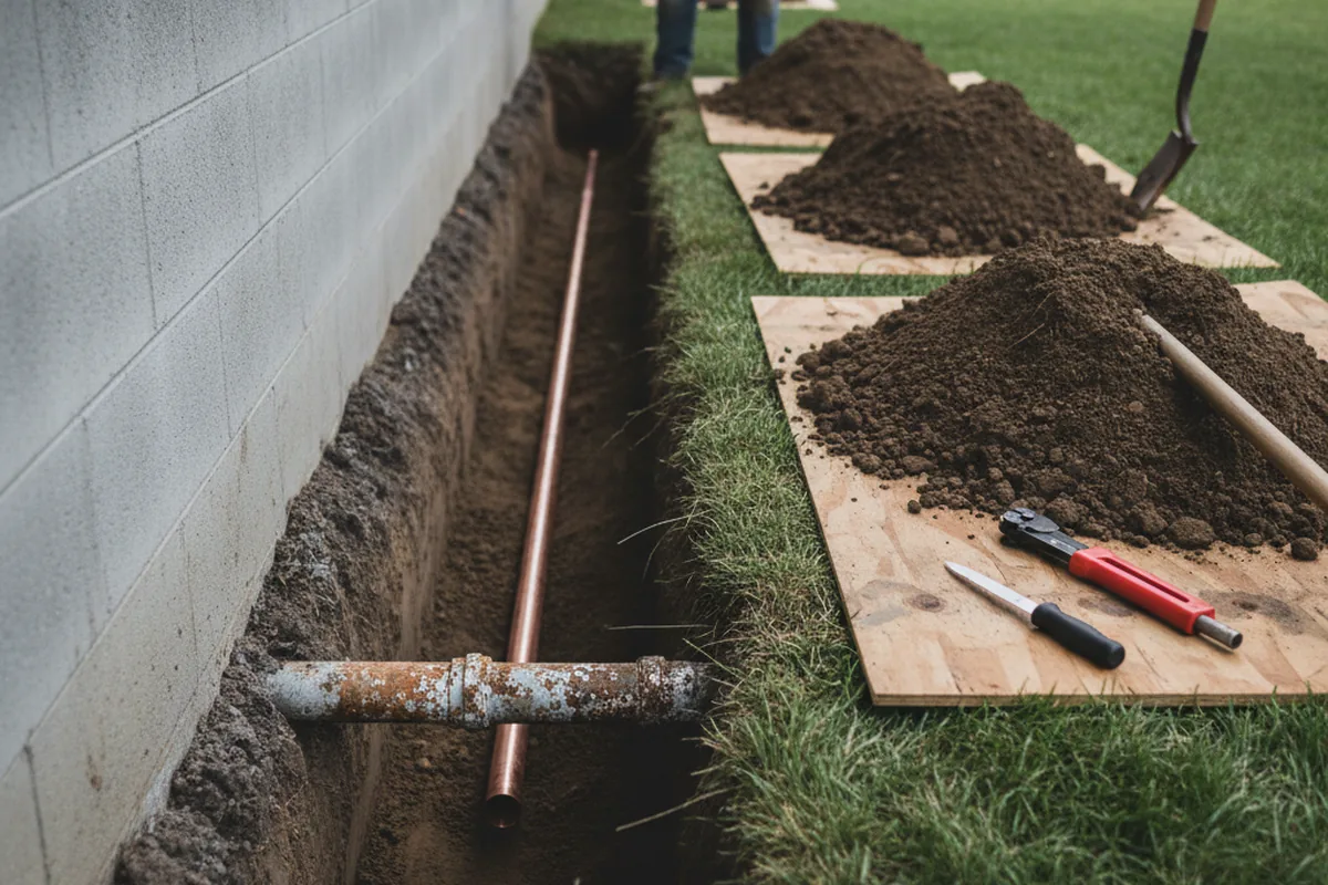 Excavated water line trench during Sewer Line Repair in Weehawken
